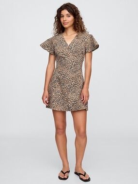 Gap Factory Leopard Denim Mini Dress Flutter Sleeve Button Front V Neck